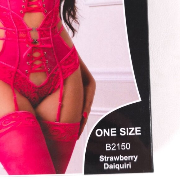NWB G WORLD Strawberry Daiquiri 2pc Wired Cups Cutout Garter Teddy Lace Up O/S - Picture 6 of 7